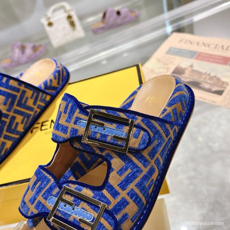 2025 Fendi Blue Fabric Leather Slippers MJ00230