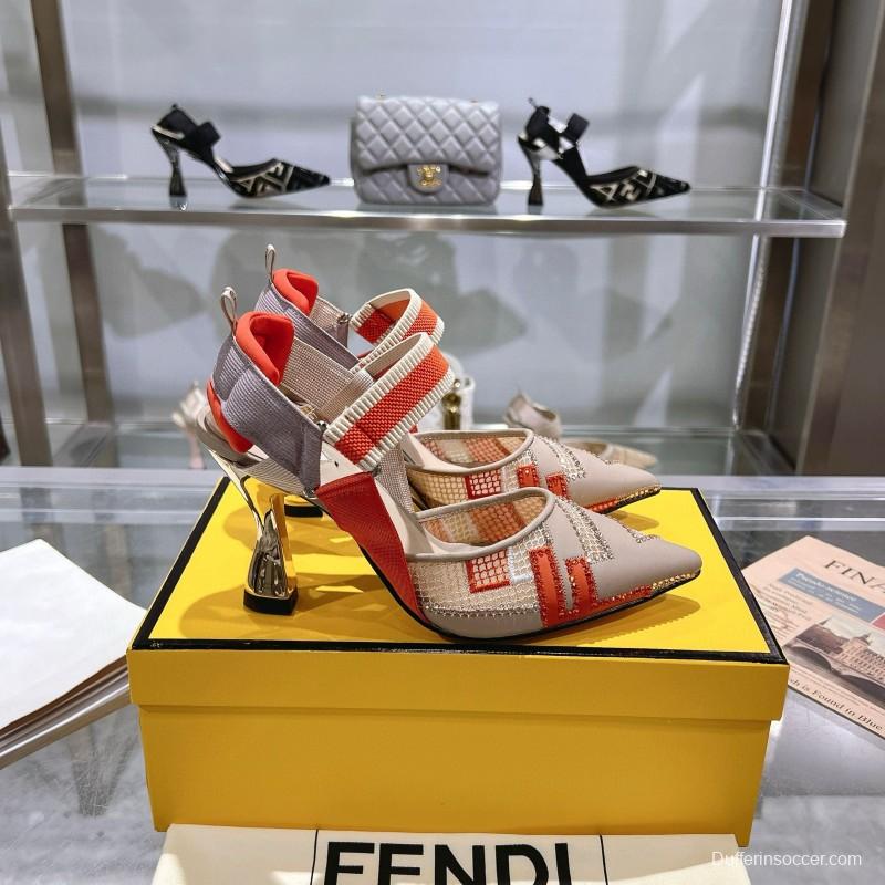 2025 Women Fendi Beige Orange Leather Fabric High Heels MJ00280