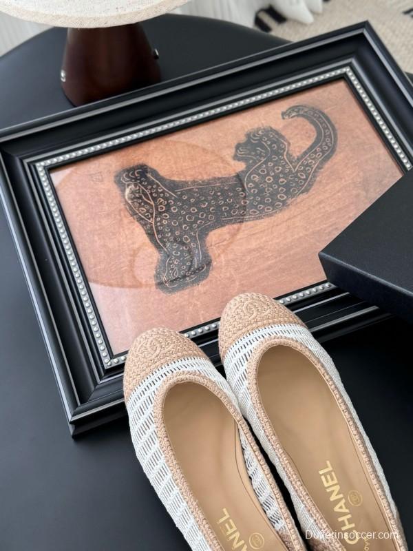 2025 Women Chanel White Beige Leather Mesh Ballet Flats LY00280