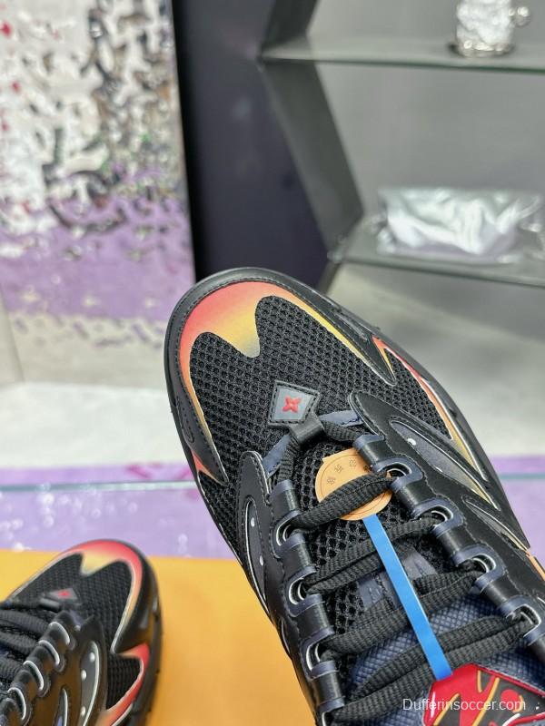 2025 Men Louis Vuitton Black Yellow Orange Mesh Leather Sneakers MJ00420