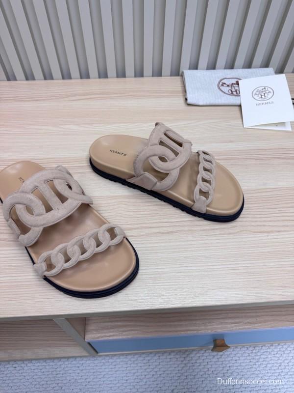 2025 Women Hermès Beige Suede Slippers