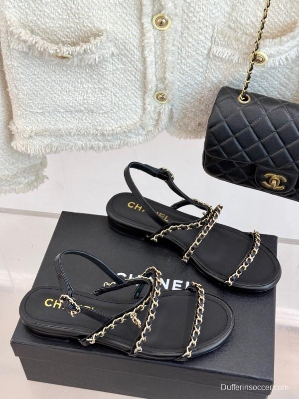 2025 Women Chanel Black Leather Slingback Sandals Chain KFY00270