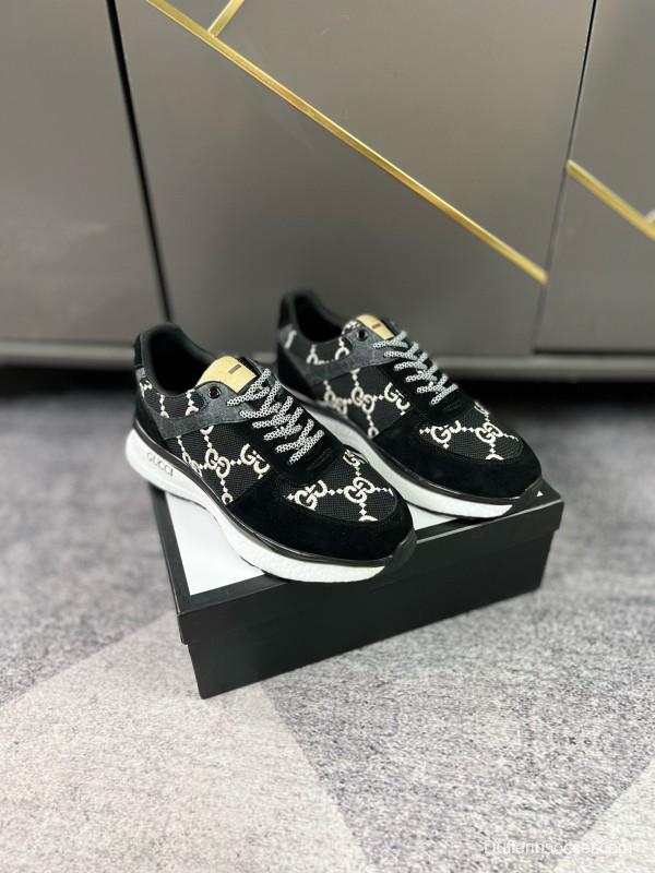 2024 Men Gucci black white fabric suede sneakers MJ00260
