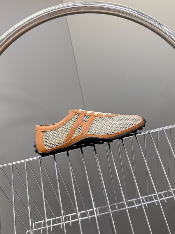 2025 Women Hermès Beige Brown Leather Mesh Sneakers KFY00250