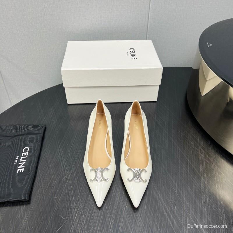 2025 Women Celine White Leather Pointed Toe Kitten Heel KFY00290