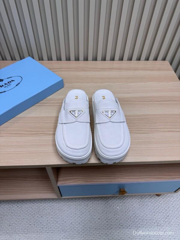 2025 Women Prada White Canvas Platform Loafers