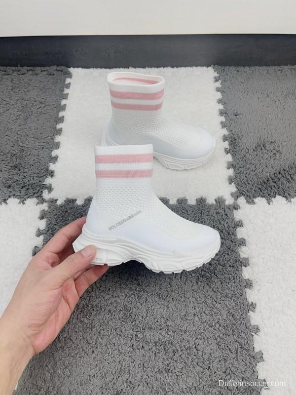 2024 Kids Dolce & Gabbana White Pink Black Knit Fabric Sneaker