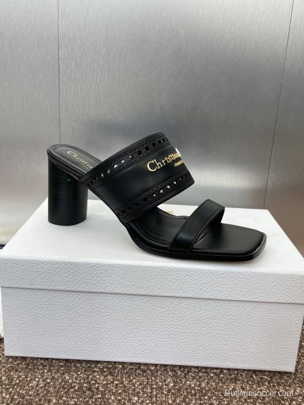 2024 Women Dior Black Leather Slide Sandals