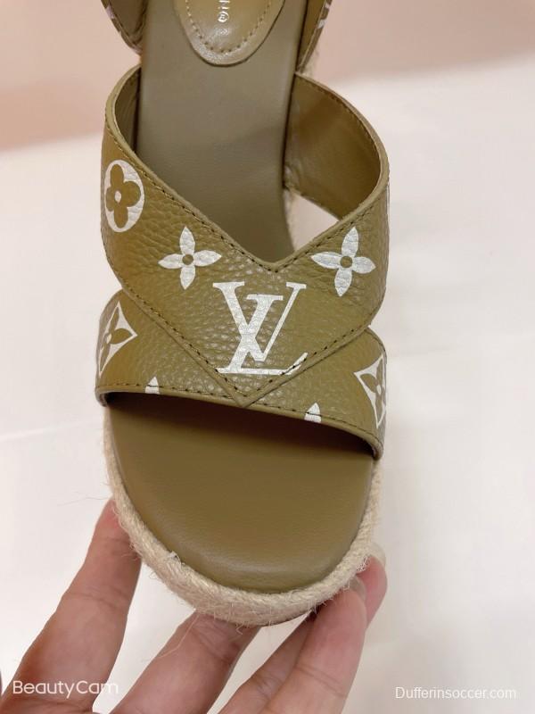 2025 Women Louis Vuitton Pink Beige Green Leather Denim Espadrilles Sandals MJ00280