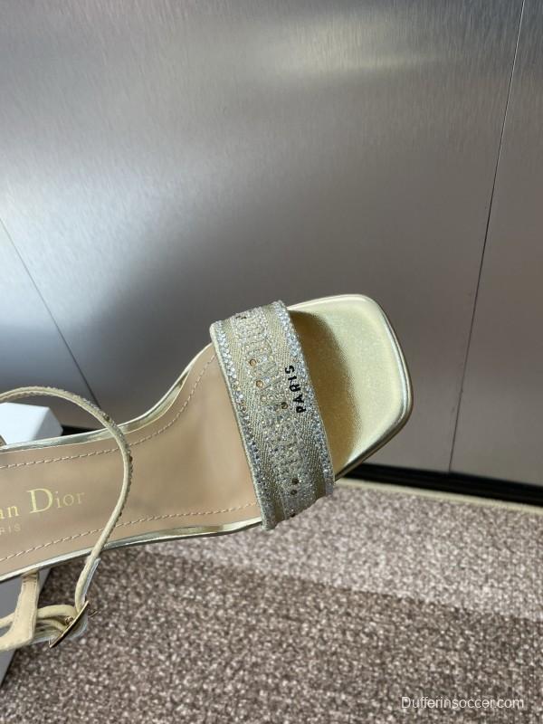 2025 Women Dior Gold Crystal Embellished Leather Sandals KFY00320