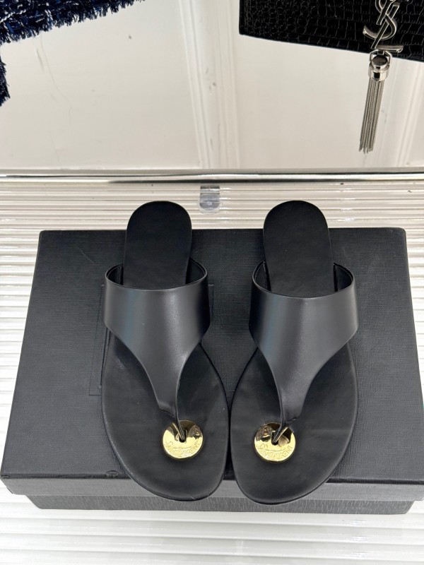 2025 Slippers Yves Saint Laurent Black Leather Slippers KFY00270