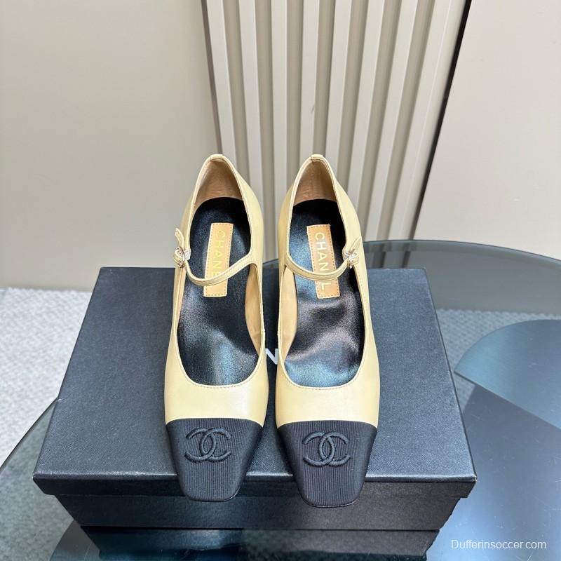 2025 Women Chanel Beige Black Leather Mary Jane Shoes KFY00290
