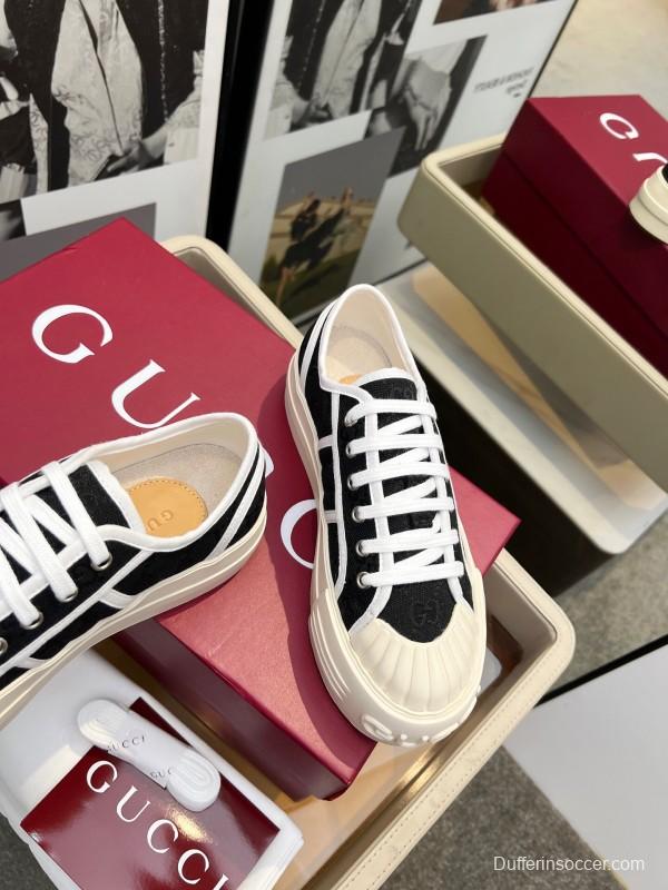 2025 Women Gucci Black White Canvas Platform Sneakers LY00270