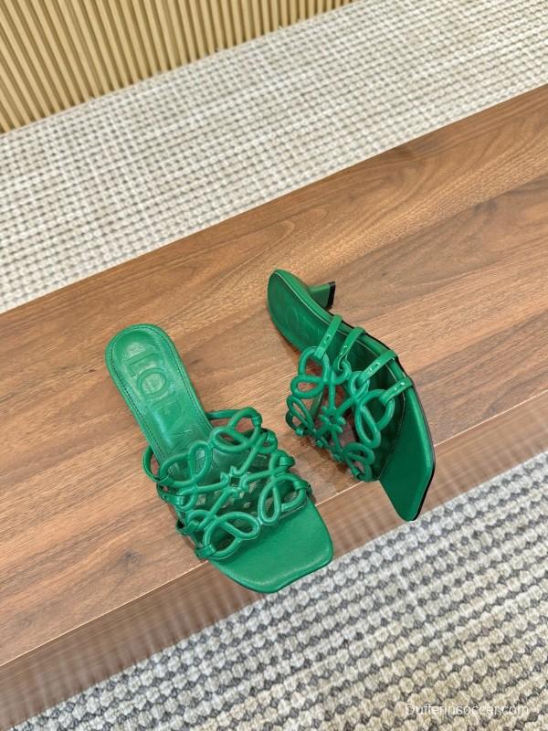 2025 Women Loewe Green Leather Heeled Sandals LY00250