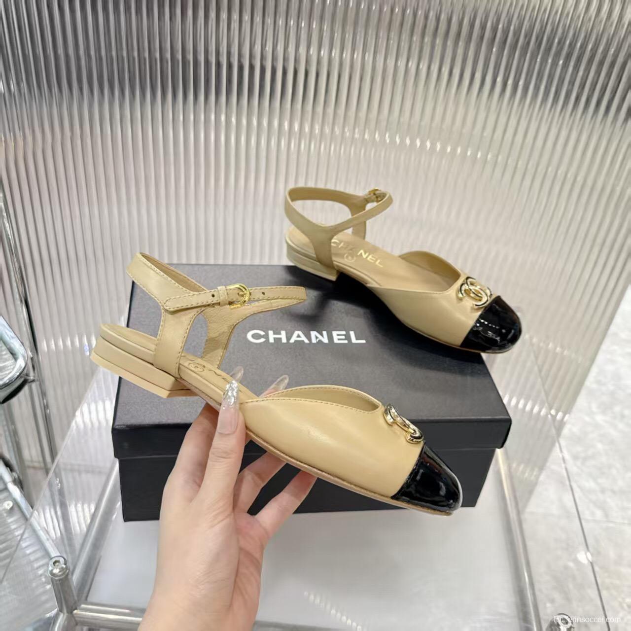 2025 Women Chanel Beige Black Leather Slingback Flat Sandals LY00260