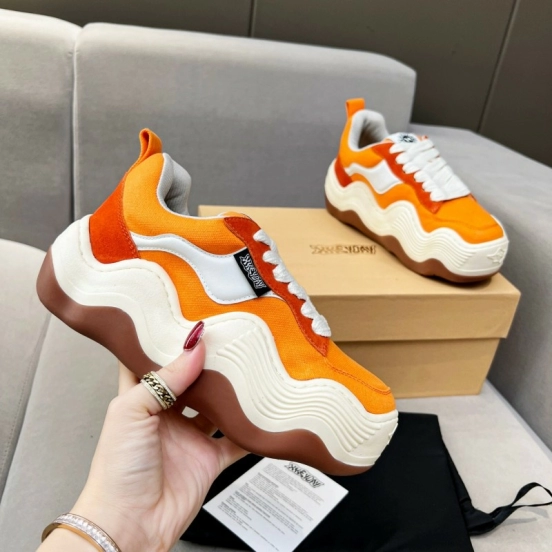 2025 Women HEYDAY Orange White Suede Canvas Wave Sneakers KFY00260