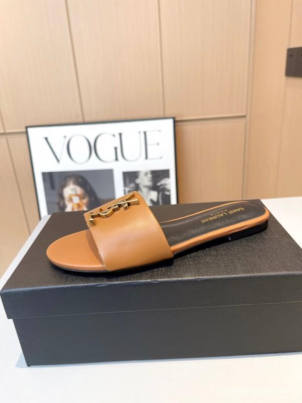 2025 Women Yves Saint Laurent Light Brown Leather Slippers LY00180