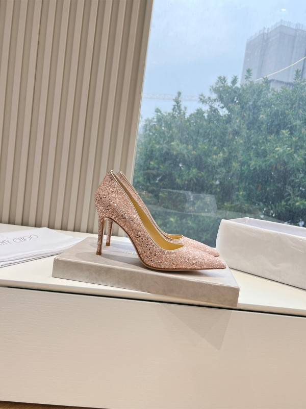 2025 Women Jimmy Choo Pink Glitter Leather Pointed Toe Pumps KFY00280