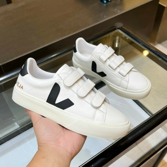 2025 Unisex VEJA White Black Leather Canvas Sneakers Velcro MJ00240(W/M)