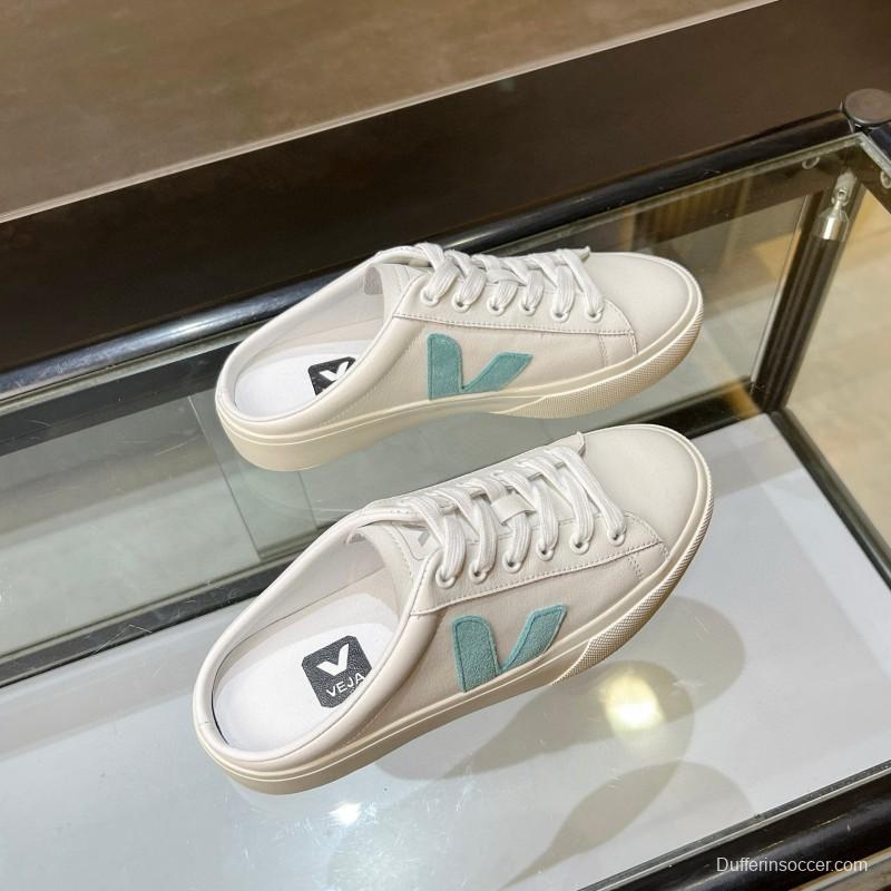 2025 VEJA White Blue Leather Canvas Slip-On Sneakers