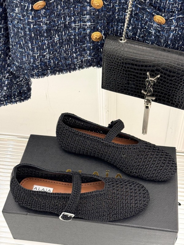 2025 Women AlAIA Black Woven Leather Mary Jane KFY00310