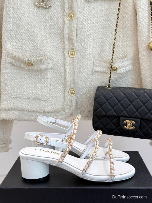 2025 Women Chanel White Leather Chain Strap Sandals