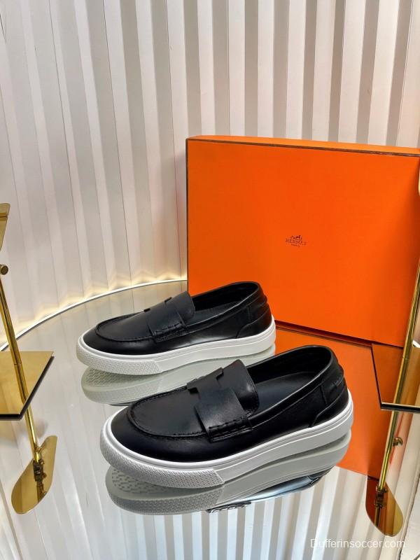 2025 Unisex Hermès Black Leather Fabric Loafers Slip-On LY00310(F)/LY00320(M)