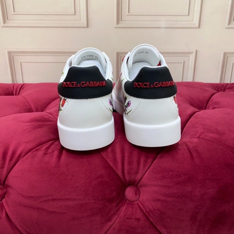 2025 Women Dolce & Gabbana White Red Leather Sneakers Floral LY00300