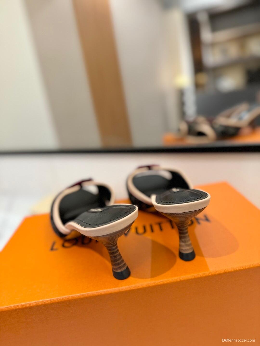 2025 Women Louis Vuitton Black Beige Canvas Kitten Heel Bow KFY00310