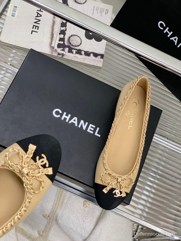 2025 Women Chanel Beige Black Leather Ballet Flats