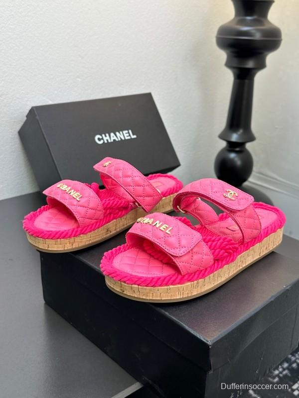 2025 Slippers Chanel Pink Quilted Fabric Espadrille LY00250