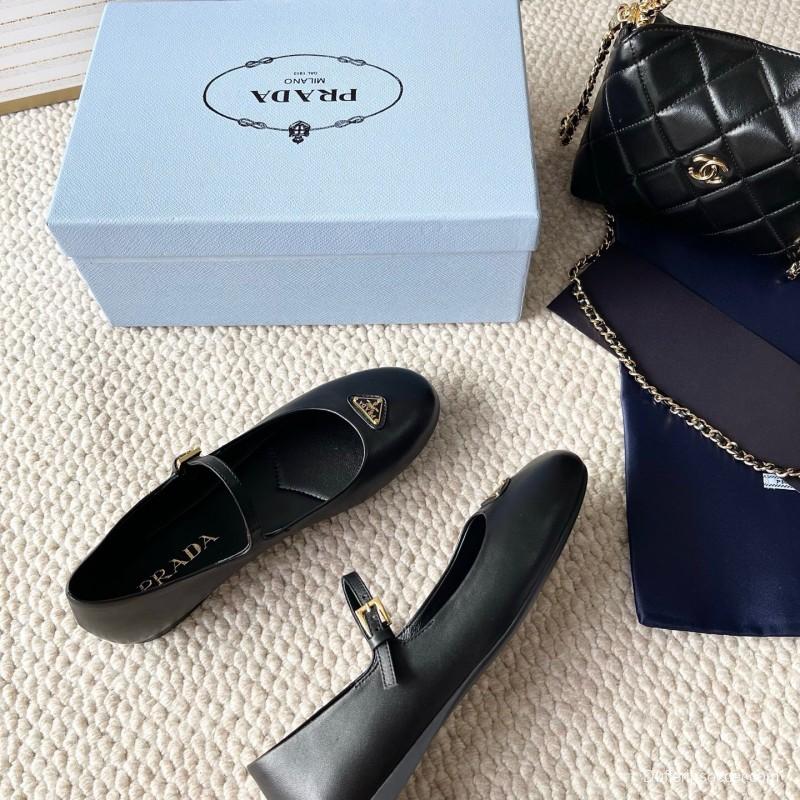 2025 Women Prada Black Leather Mary Jane Flat