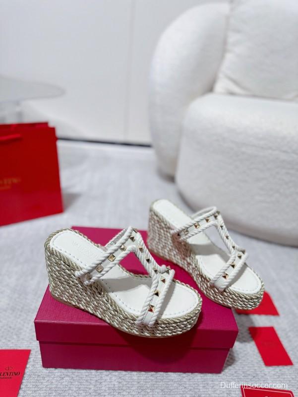 2025 Women Valentino White Leather Wedge Sandals Studs LY00290