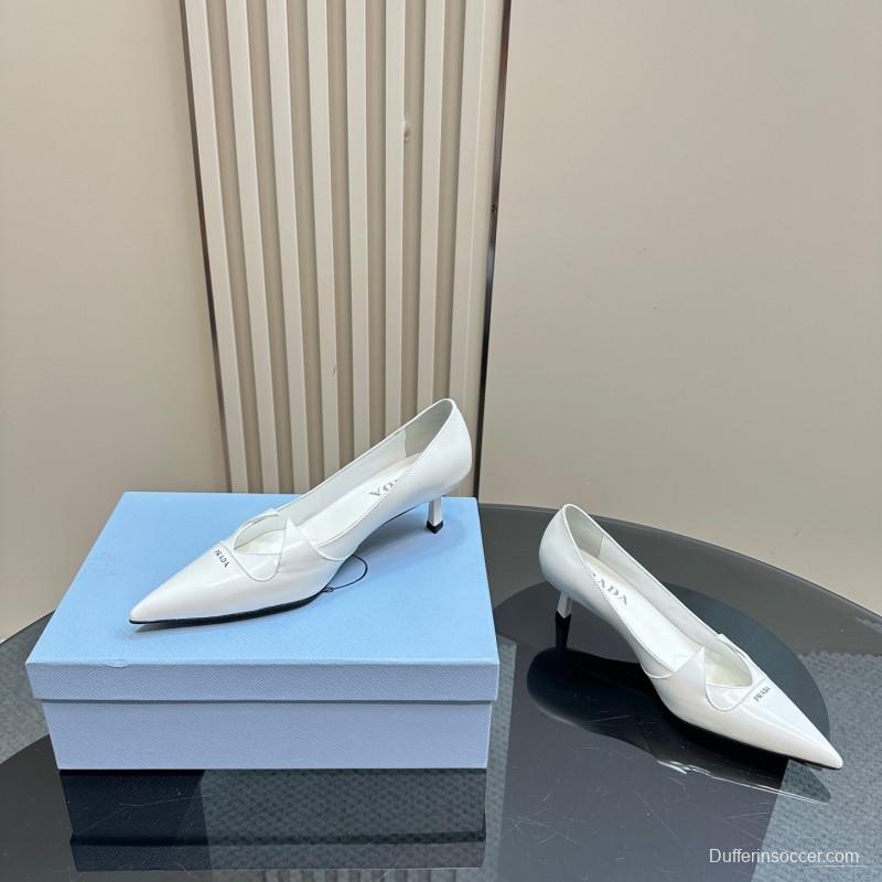 2025 Women Prada White Leather Pointed Toe Kitten Heel Pumps KFY00310