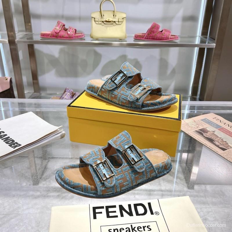 2025 Fendi Blue Beige Fabric Leather Slippers KFY00250