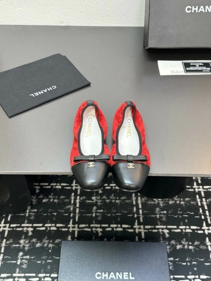 2025 Women CHANEL Red And Black Lambskin Ballet Flats Classic Bow Detail CC Logo LY00360(F)