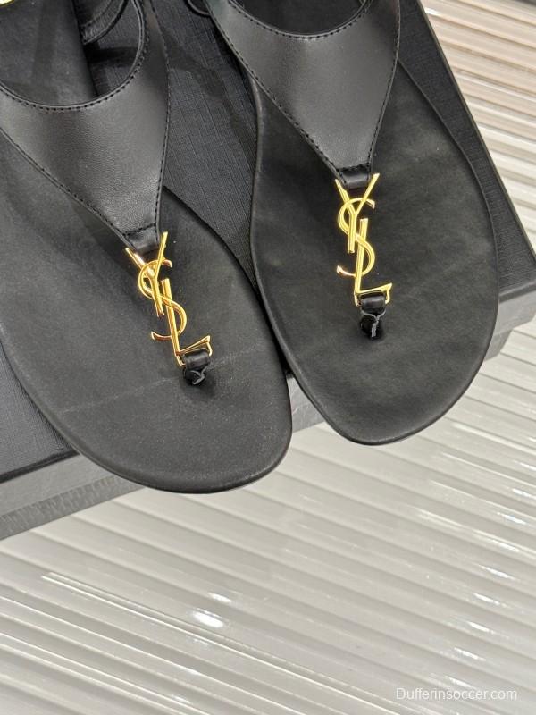 2025 Women Yves Saint Laurent Black Leather Sandals KFY00270