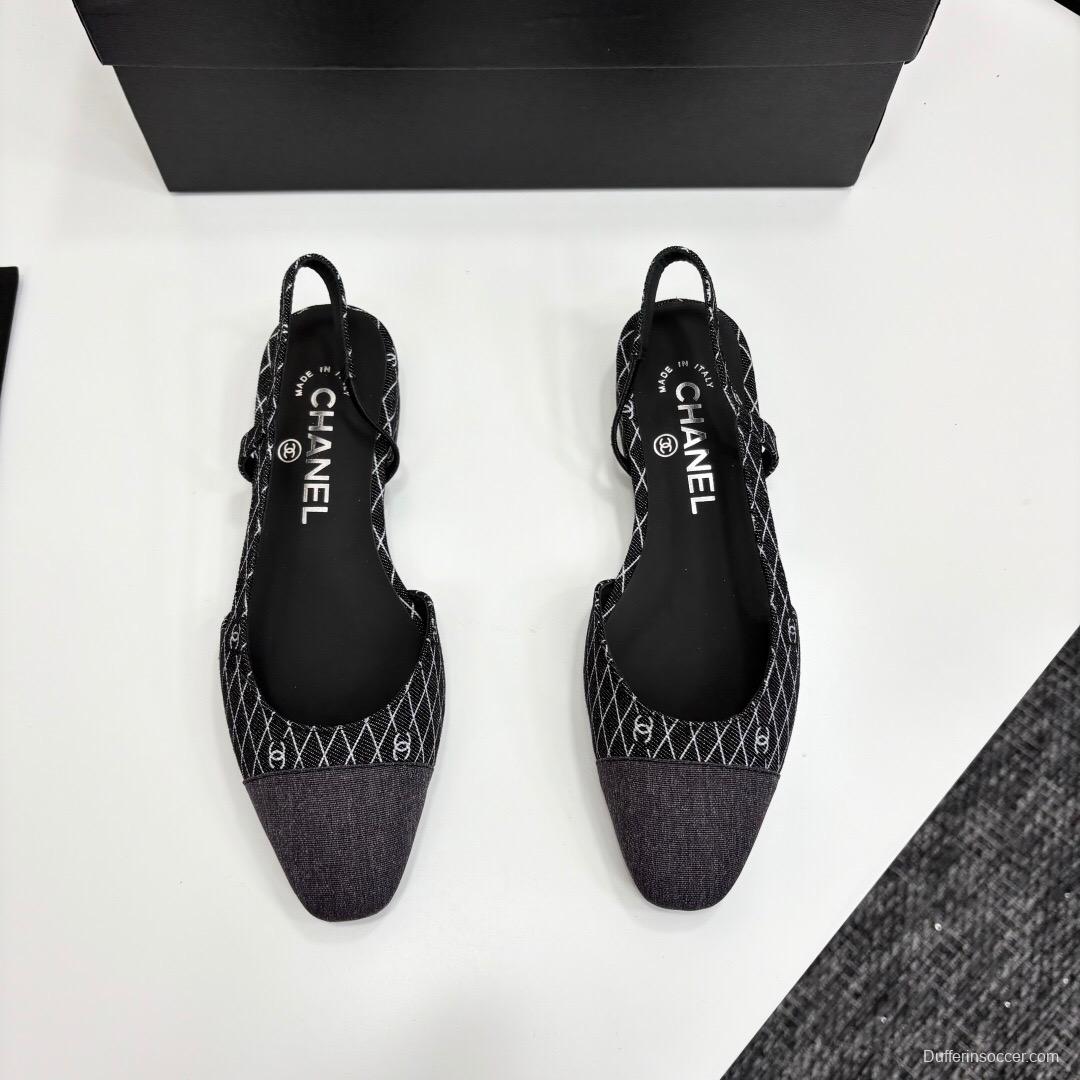 2025 Women Chanel Black White Fabric Leather Slingback LY00240