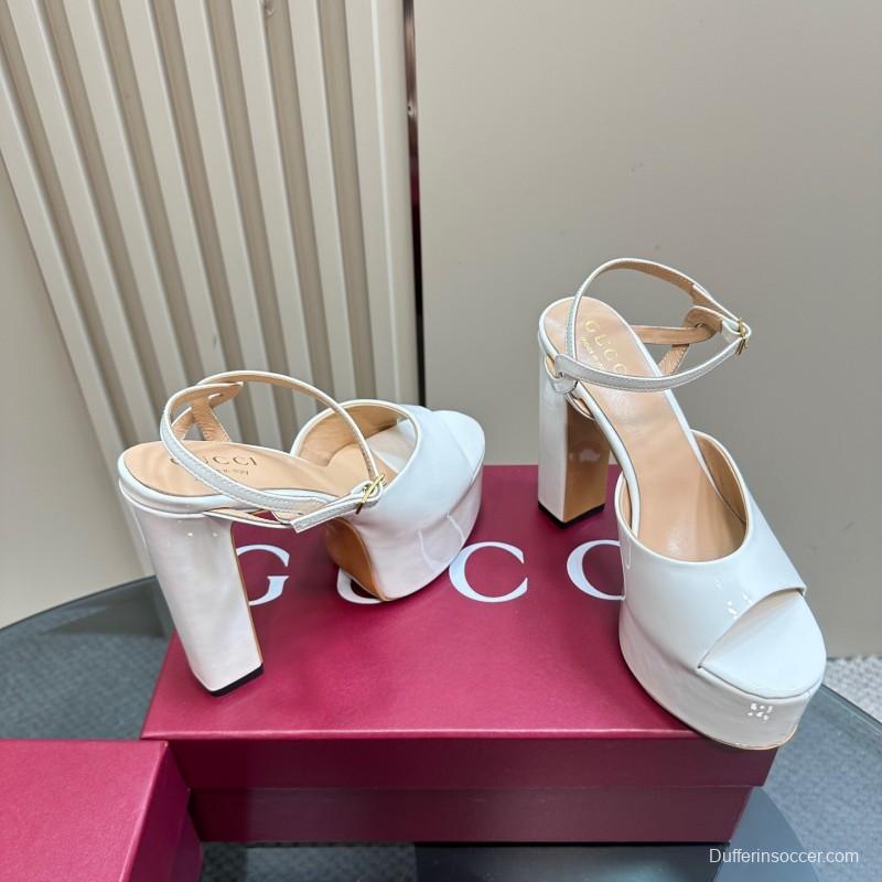 2025 Women Gucci White Leather Platform Sandals