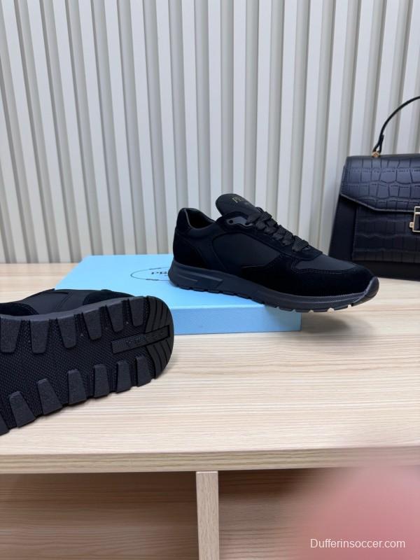 2025 Women Prada Black Suede Nylon Sneakers LY00300