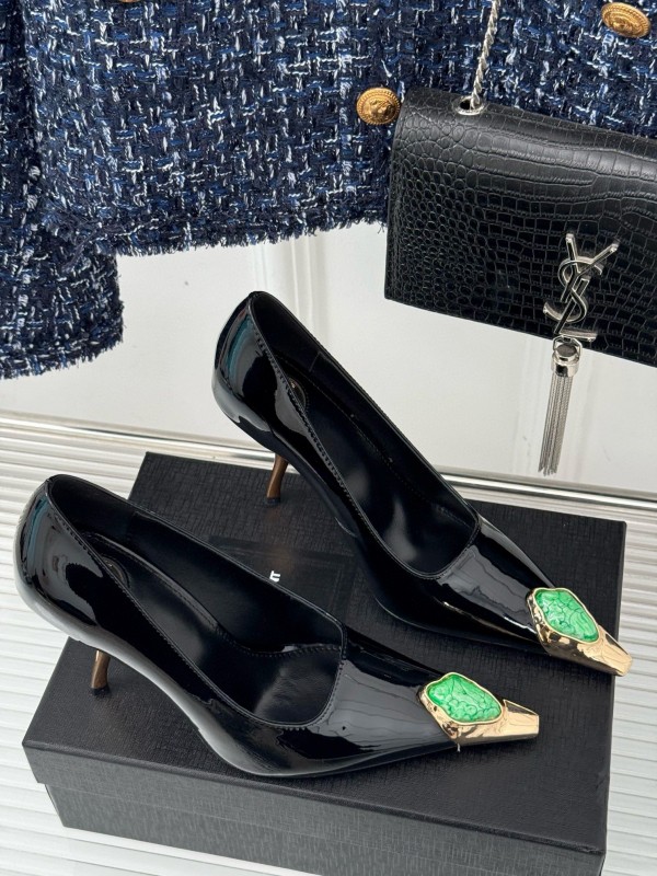 2024 Women Yves Saint Laurent Black Gold Patent Leather High Heels MJ00330