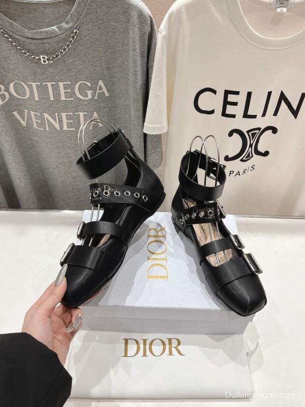 2025 Women Dior Black Leather Gladiator Sandals KFY00320