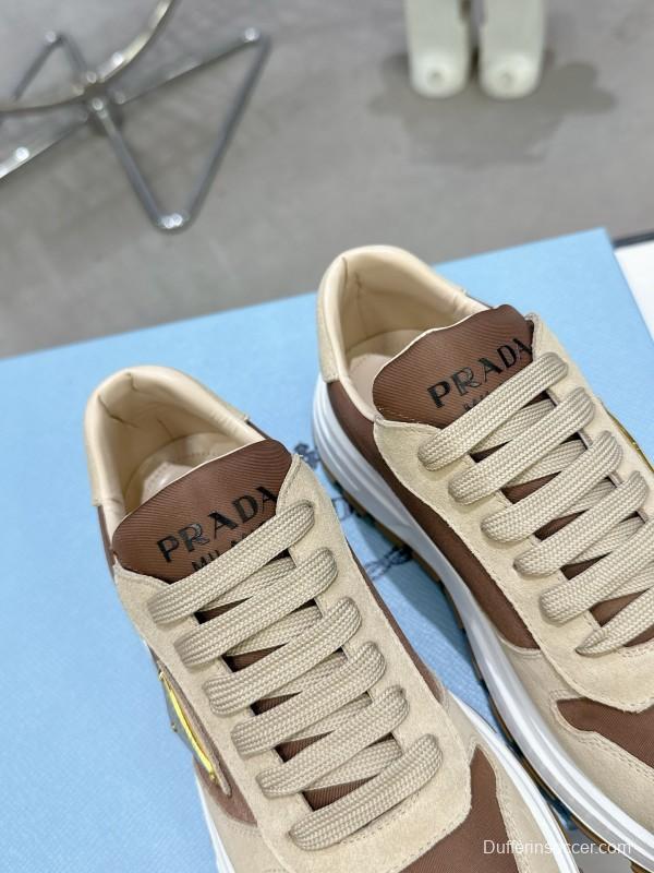 2025 Women Prada Beige Brown Leather Sneakers KFY00310