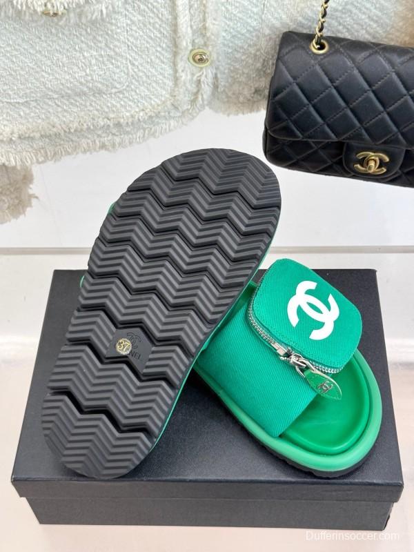 2025 Slippers Chanel Green Canvas Women Slippers KFY00220