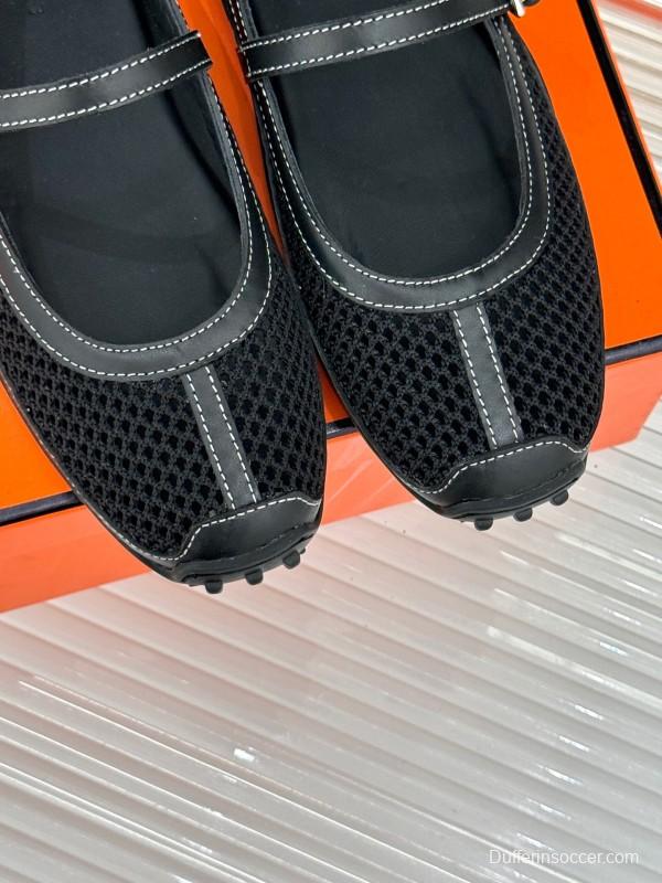 2025 Women Hermès Black Mesh Leather Mary Jane