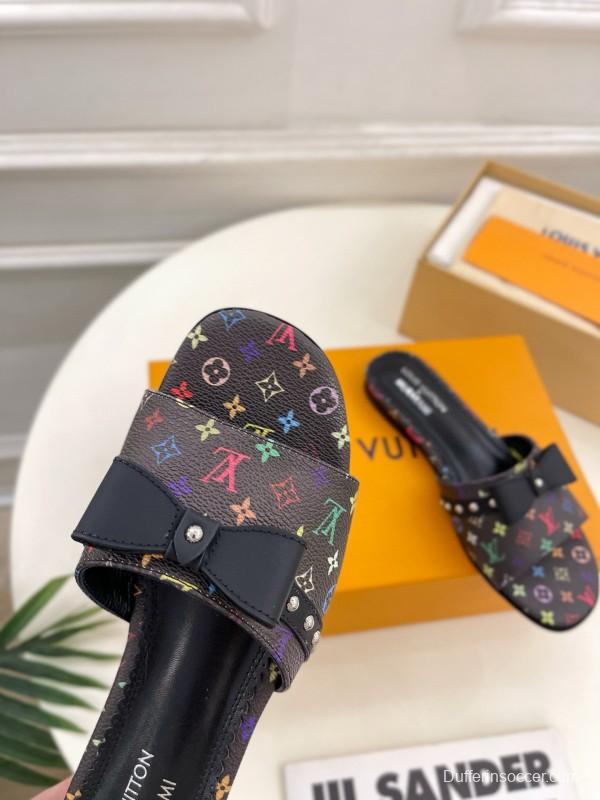 2025 Slippers Louis Vuitton Black Leather Flat Bow MJ00290