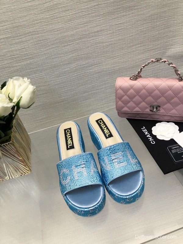 2025 Women Chanel Blue Fabric Platform Slippers LY00320