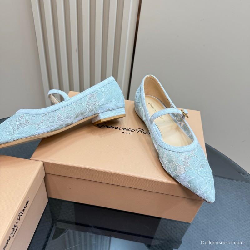 2025 Women Gianvito Rossi Light Blue Lace Leather Mary Jane KFY00260