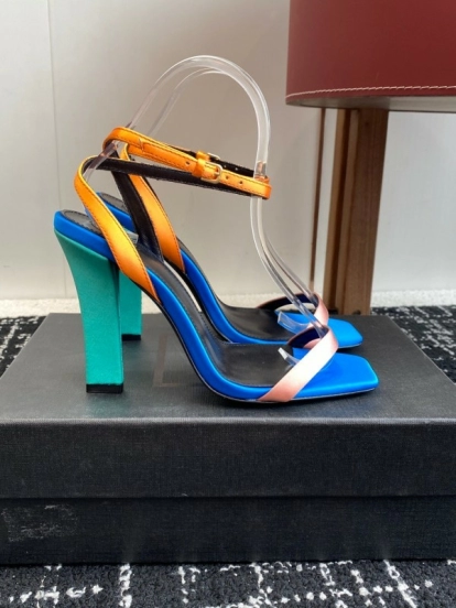 2025 Women Yves Saint Laurent Blue Orange Pink Leather Suede High Heel Sandals
