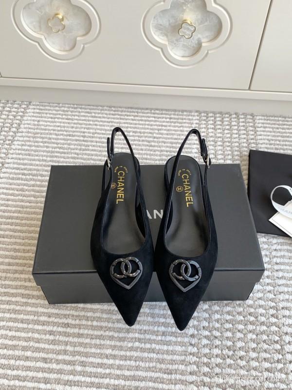 2025 Women Chanel Black Suede Slingback Heart Logo Flats KFY00300